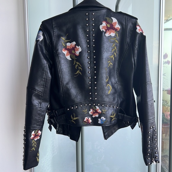 Floral Embroidered Vegan Leather Motorcycle Jacket - Picture 4 of 13